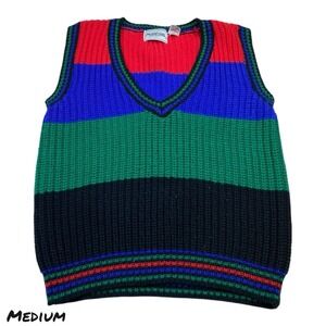 Vintage Manisha Knit Sweater Vest M Red Blue Green Black Striped Acrylic 80s/90s